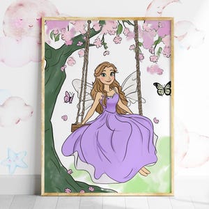 Decorazione murale con fata, decorazione viola per cameretta, stampe per cameretta con altalena e fiabe, stampe murali con acquerello per bambini, poster stampabile per cameretta