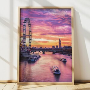 London Eye Wall Art, UK Travel Poster, Thames River United Kingdom Art Decor, Purple Sunset Print, Digital Print, Printable Wall Art Gift