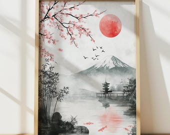 Arte mural del Monte Fuji de Japón, póster de viaje japonés, decoración mural japonesa, lámina de póster de flores de cerezo, arte mural zen imprimible