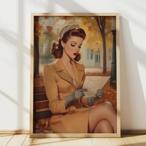 1950er Jahre Frau Park Herbst Wandbild, Vintage Poster, Retro Zimmer Dekor, Vintage Kunstdruck Ölgemälde, druckbare Wandkunst, Digitaldruck