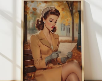 1950s Woman Park Autumn Wall Art, Vintage Poster, Retro Room Decor, Vintage Art Print Oil Painting, Printable Wall Art, Digital Print