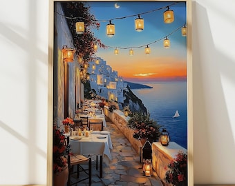 Santorini Sunset Art Print, Coastal Greece View Travel Poster, Europe Oil Painting Decor, Digital Print, Printable Wall Art