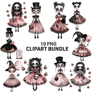 Gothic Victorian Girl Halloween Clipart, 10 PNG Creepy Horror Doll Print, Pink Skeleton Witch Art, Spooky Goth Skull Tomb Black Cat Pumpkin