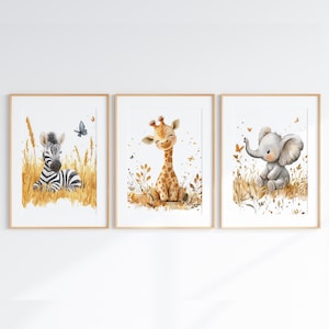 Safari Animal Nursery Wall Art, Set of 3 Jungle Nursery Prints, Zebra Elephant Giraffe Nursery Decor, Watercolor Baby Kids Room Poster
