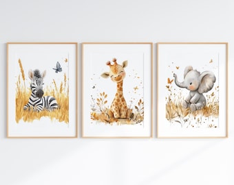 Safari Animal Nursery Wall Art, Set of 3 Jungle Nursery Prints, Zebra Elephant Giraffe Nursery Decor, Watercolor Baby Kids Room Poster
