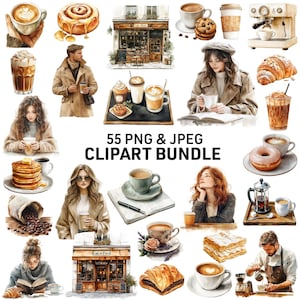 Coffee Shop Clipart, PNG JPG Aquarell Süßes Kaffee Café Clip Art, Französisches Gebäck Desserts Kunstdruck, Planer Journal Digitaler Aufkleber