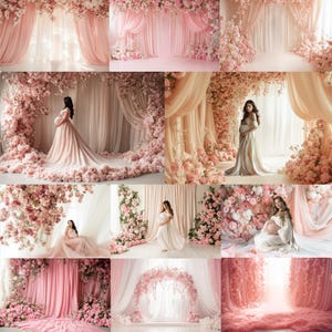 36 Maternity Photography Backdrop, Blush Pink Ivory Floral Digital Backdrop, Boho Curtain Baby Shower Background, Petal Flowers Studio JPG