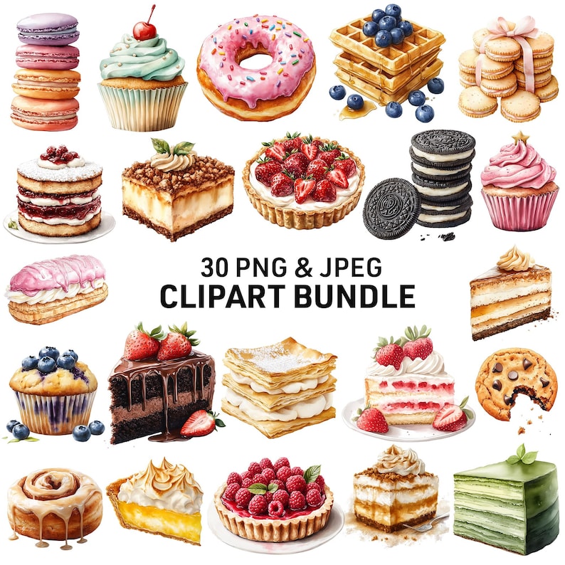 May include: A collection of 30 digital clipart images featuring various sweet treats, including cakes, pastries, cookies, and desserts. The images are in a watercolor style and feature vibrant colors and intricate details.