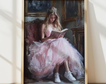 Retro Woman Reading Oil Painting, Vintage Poster, Pink Dress Sneakers Art, Girl Coquette Room Decor, Digital Print, Printable Wall Art