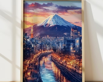 Impresión artística del Monte Fuji, arte mural japonés, decoración japonesa, póster de viaje al atardecer en el Monte Fuji, impresión digital, arte mural imprimible