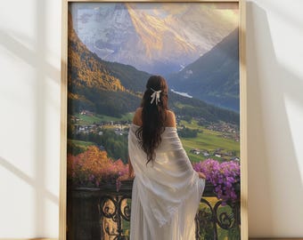 Swiss Alps Mountain Landscape Print, Switzerland Travel Poster, Nature Wall Art, Oil Painting, Aesthetic Cottagecore Girl Room Home Decor