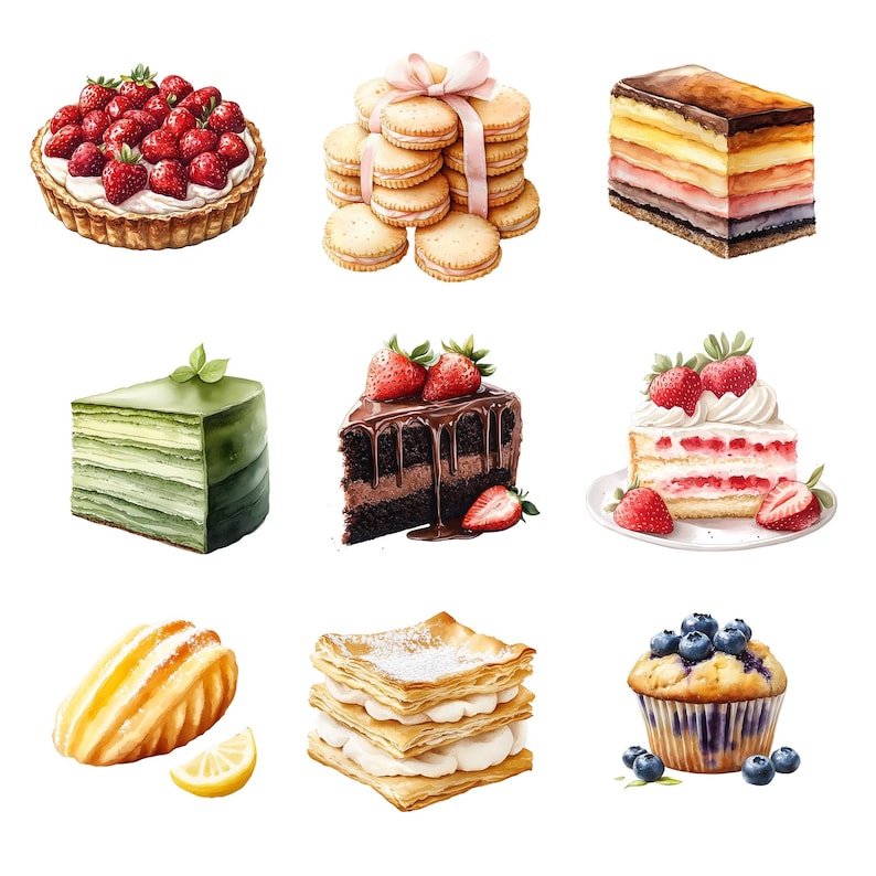 May include: Assortment of nine different pastries and desserts, including a strawberry tart, a stack of shortbread cookies, a layered cake with chocolate frosting, a green tea cake, a chocolate cake with strawberries, a strawberry cake with whipped cream, a puff pastry with powdered sugar, a blueberry muffin, and a lemon madeleine.