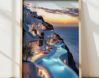 Santorini Wall Art, Greece Travel Poster, Santorini Oil Painting, Europe Night Art Print, Ocean Decor, Digital Print, Printable Wall Art