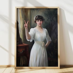 Vintage Girl Peace Sign Wall Art, Funny Historical Portrait, Quirky Poster Retro Gen Z Decor, Altered Modern Twist Classical Oil Painting