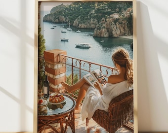 Mediterranean Coastal Wall Art, Travel Poster, Seaside Balcony Print, Amalfi Coast Terrace Watercolor Painting, Girl Room Decor Gift