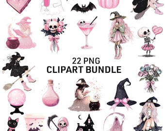 Halloween Clipart, 22 PNG Pink Cute Witch Girl Art Print, Pastel Goth Skeleton Kawaii Ghost Hat Bat Pumpkin Skull Roses, Digital Download