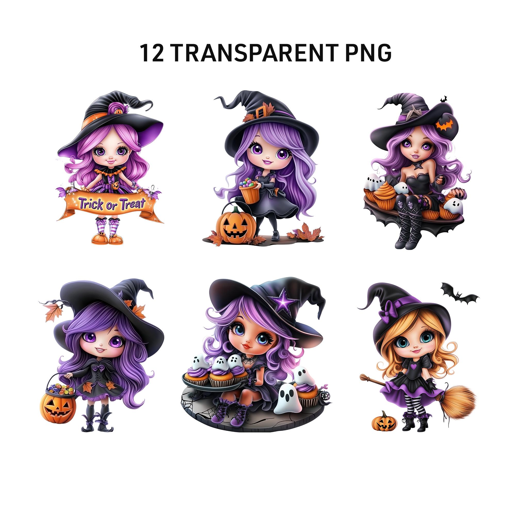 Halloween Clipart Cute Witch, 12 PNG Kawaii Chibi Purple Witch Print ...