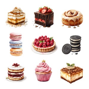 May include: Assortment of sweet treats including a chocolate cake with red berries, a raspberry tart, a cupcake with pink frosting, a cinnamon roll, a stack of macarons, a layered cake with white frosting and a cheesecake with a crumble topping.
