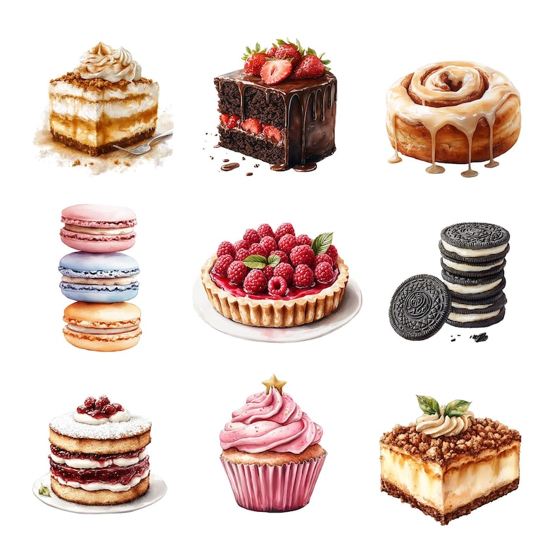 May include: Assortment of sweet treats including a chocolate cake with red berries, a raspberry tart, a cupcake with pink frosting, a cinnamon roll, a stack of macarons, a layered cake with white frosting and a cheesecake with a crumble topping.