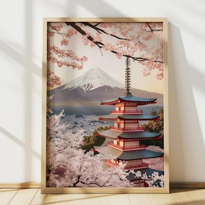 富士山の日本版画、日本の壁アート、桜のアート、日本の装飾、Japandiの旅行ポスター、デジタルプリント、印刷可能な壁アート