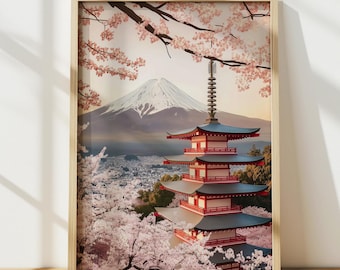 Impresión del Monte Fuji (Japón), Arte mural japonés, Arte de flor de cerezo, Decoración japonesa, Póster de viaje Japandi, Impresión digital, Arte mural imprimible
