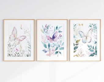 Watercolor Butterfly Wall Art Printable, Set of 3 Pastel Butterflies Nursery Prints Boho Flower Decor, Baby Kids Girls Room Poster Gift