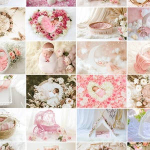 48 Newborn Digital Backdrop, Baby Girl Photography Digital Background, Boho Pink White Cream Floral Composite, Rustic Flowers JPG Bundle