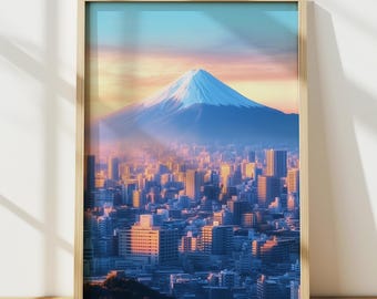 Art mural Mont Fuji Sunrise, impression paysage urbain du Japon, affiche de la ligne d'horizon de la montagne Fuji, art déco mural japonais, affiche de voyage, impression numérique