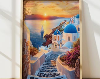 Santorini Sunset Art Print, Greece Travel Poster, Europe Oil Painting Decor, Digital Print, Printable Wall Art