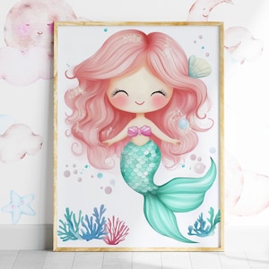 Mermaid Nursery Decor, Pink Hair Mermaid Wall Art, Watercolor Under the Sea Nursery Prints, Girls Kids Room Poster, Printable Digital Print