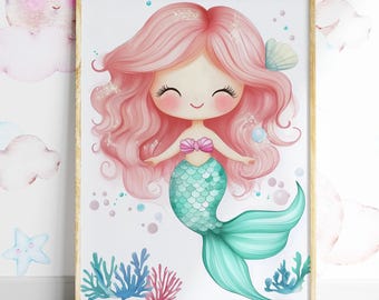 Mermaid Nursery Decor, Pink Hair Mermaid Wall Art, Watercolor Under the Sea Nursery Prints, Girls Kids Room Poster, Printable Digital Print