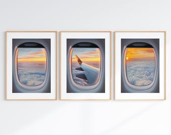 3 Set Travel Poster, Travel Wall Art, Airplane Window Seat Decor, Travel Print, Plane Wing Sunset Poster, Digital Print, Printable Wall Art