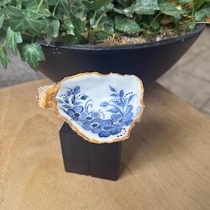 Grandma's Hand-Painted Oyster Shell with Blue Flowers | Unique Floral Art Gift | Coastal Home Decor