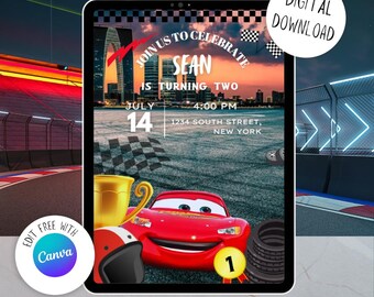 Plantilla de invitación de cumpleaños editable de Cars, invitación digital a una fiesta de cumpleaños para niños, descarga instantánea e imprimible