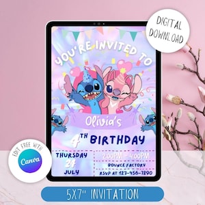 Editable Stitch Birthday Invitation Template, Stitch and Angel Digital Birthday Party Invite for Girls, Printable Instant Download