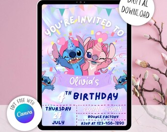 Plantilla de invitación de cumpleaños de Stitch: Invitación para fiesta de niñas (Descarga digital)