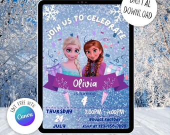 Plantilla de invitación de cumpleaños de Frozen: Elsa y Anna, 5x7 (Descarga digital)