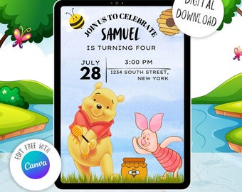 Plantilla editable de invitación de cumpleaños de Winnie, invitación digital para fiesta de cumpleaños infantil, descarga instantánea e imprimible.