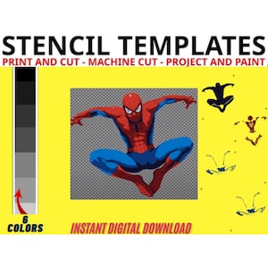 Könnte beinhalten: Ein digitaler Download von sechs druckbaren Schablonenvorlagen mit einem roten und blauen Spiderman-Charakter in einer Sprungpose. Die Vorlagen sind für Druck und Schneiden, maschinelles Schneiden und Projekt und Malen konzipiert.