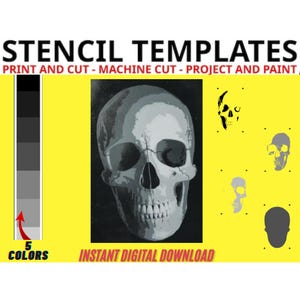 Può includere: Un'immagine scaricabile digitalmente con modelli di stencil a forma di teschio. L'immagine include una grande illustrazione in scala di grigi di un teschio, una sfumatura di colore e diversi disegni di teschi più piccoli in vari colori. Il testo recita "STENCIL TEMPLATES" e "INSTANT DIGITAL DOWNLOAD".