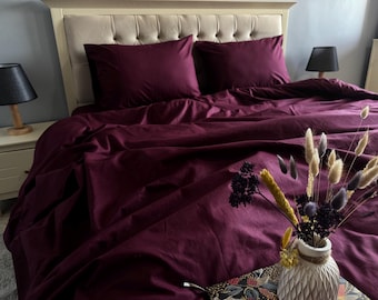 100% Cotton Burgundy Bedding Set - Duvet Cover, flat sheet, fitted Sheet, and Pillowcases
