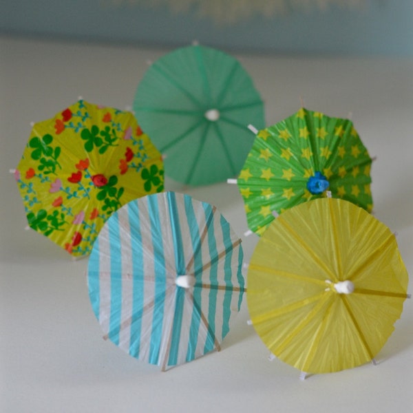 10 Garden themed umbrella cocktail toppers, green, blue, yellow, drink umbrella, wedding decoration, paper ice-cream decoration, easter