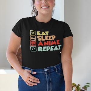 Eat Sleep Anime Repeat Tee – Fun Graphic Shirt with Anime Symbols, Perfect for Anime Lovers, Casual Wear, and Otaku-Inspired Style