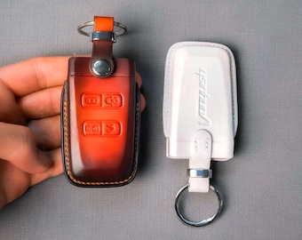 Aston Martin handmade leather key cover for Crystal Key fits DB9, DBS, Rapide, Virage, Vanquish – many colors with embossed logo options