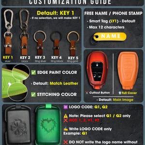May include: A customization guide with options for keychains, key fobs, and key fob covers. Keychains have silver, black, ring silver, ring black, and ring gold options. Key fobs come in red and orange. The guide includes text for customization.