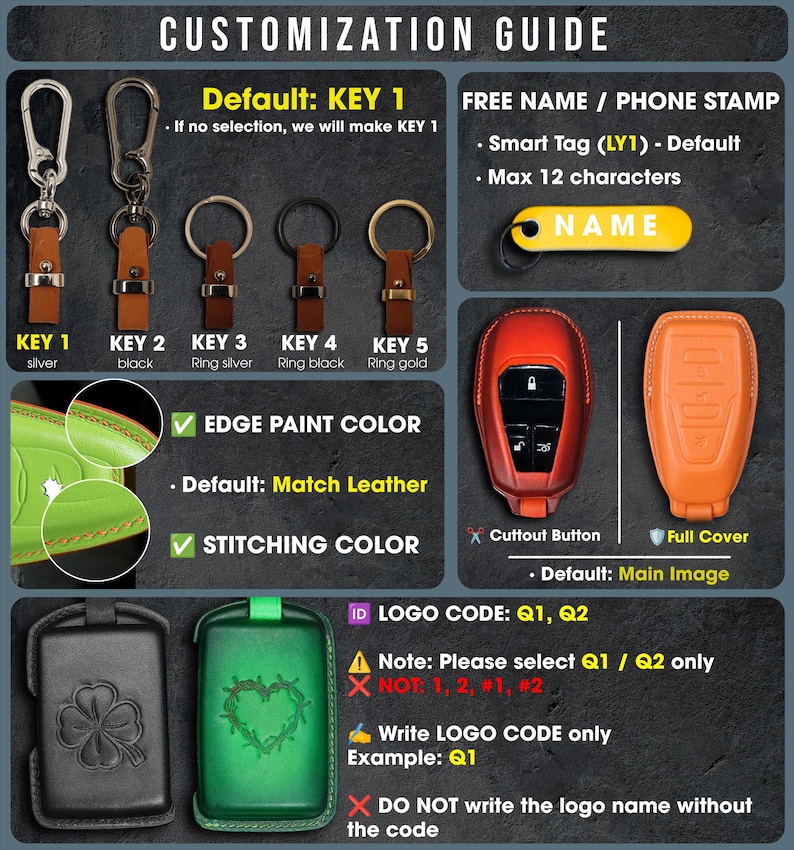 May include: A customization guide with options for keychains, key fobs, and key fob covers. Keychains have silver, black, ring silver, ring black, and ring gold options. Key fobs come in red and orange. The guide includes text for customization.