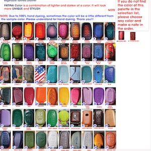 May include: A color chart of hand-dyed leather key fobs in various colors, including black, red, blue, and green. The text on the image says "PATINA Color is a combination of lighter and darker of a color. It will look more UNIQUE and STYLISH."