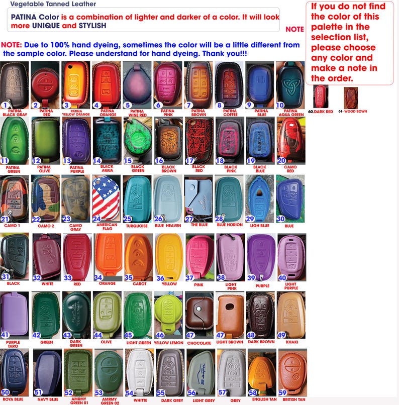 May include: A color chart of hand-dyed leather key fobs in various colors, including black, red, blue, and green. The text on the image says "PATINA Color is a combination of lighter and darker of a color. It will look more UNIQUE and STYLISH."
