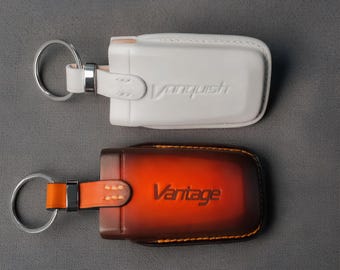Aston Martin handmade leather key cover for Crystal Key fits DB9, DBS, Rapide, Virage, Vanquish – many colors with embossed logo options