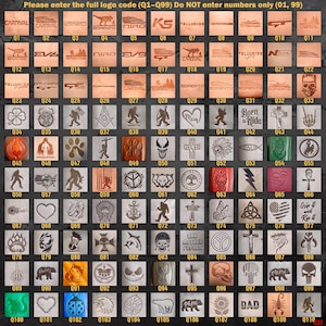 May include: A grid of engraved leather patches, each featuring a unique design. The patches include logos, symbols, and text, such as a skull, a cross, and the words "Born to Ride." The text at the top reads "Please enter the full logo code."